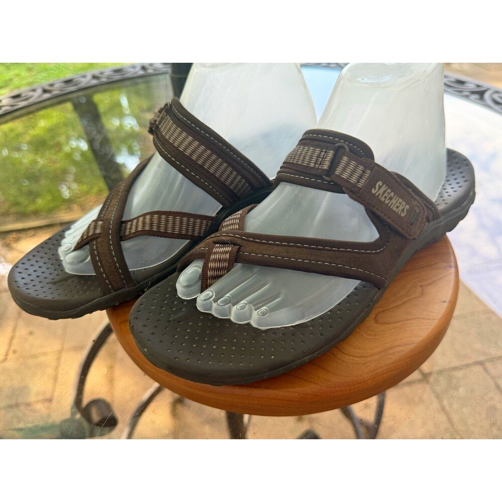 SKECHERS Womens Brown Gray Strappy Slip-On Sandals Casual Travel Logo US 8